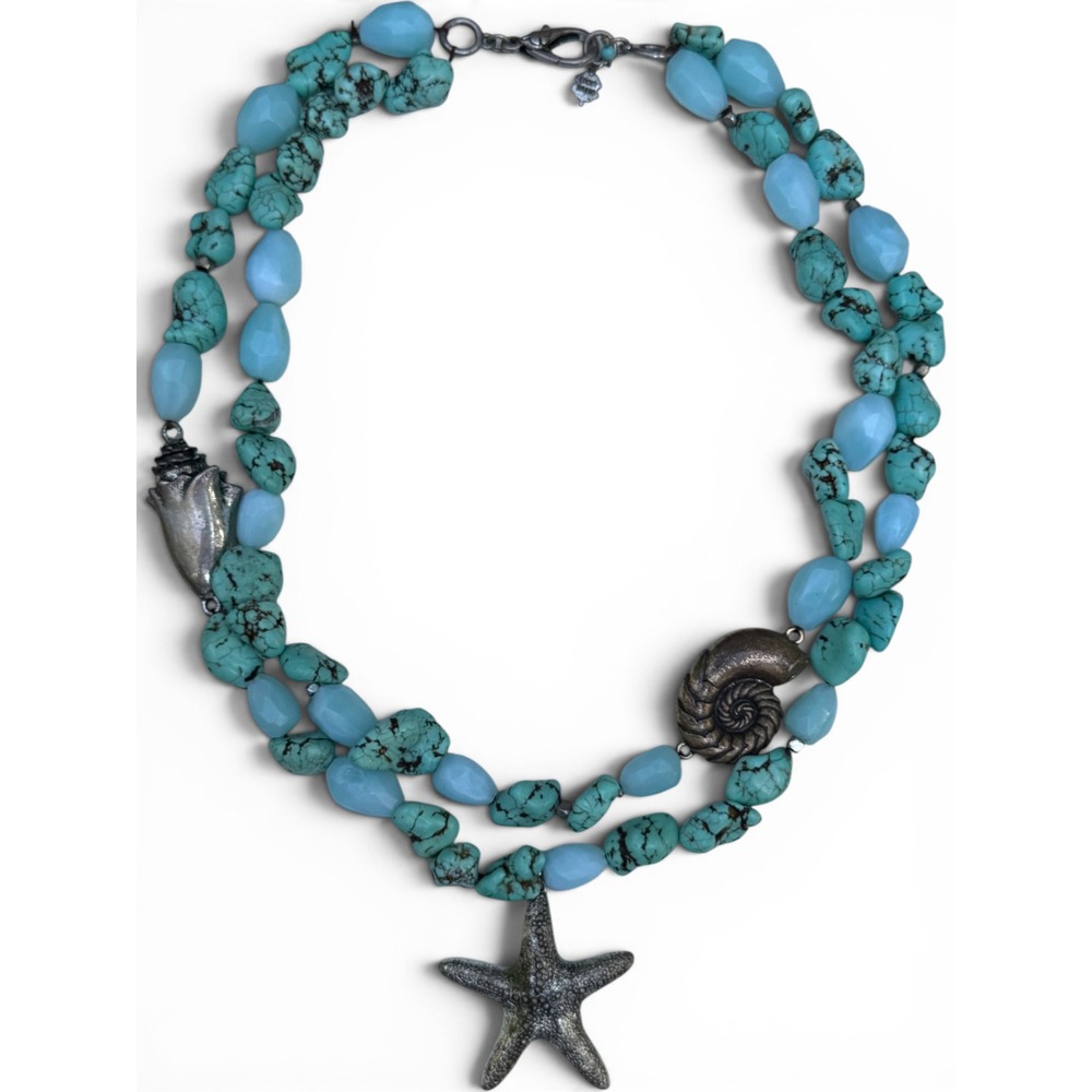 Lucky Brand Necklace Double Strand Turquoise Blue Beads Silver Starfish Shell